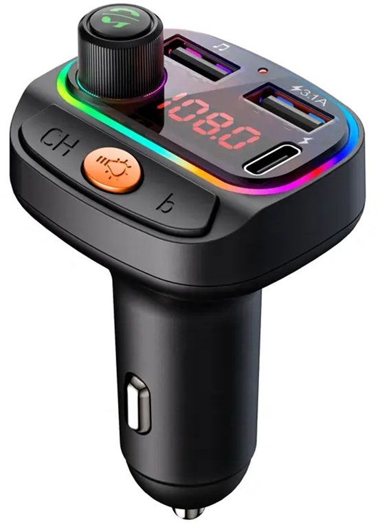 FM Transmitter Bluetooth - Autolader - Bluetooth transmitter - Draadloze Carkit - RGB Light - 2x Fastcharger USB Poort - USB-C Poort - Handsfree Bellen - FM-transmitters Auto - Bluetooth 5.0 - Voor Alle Telefoons