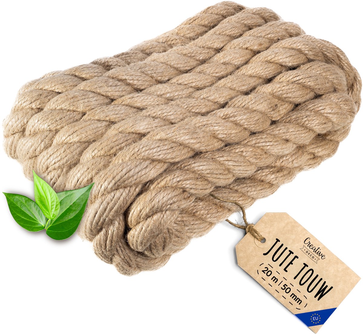 Creatief Deco Jute Touw | 20m Lengte | 50mm Dikte | Sterk en Duurzaam Jute Touw | Gedraaid Natuurvezeltouw | Bruin Decoratief Touw | Voor Toepassingen: Balustrades, tuin- en thuisprojecten