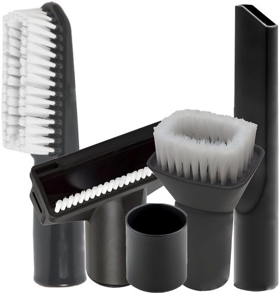 Set van vijf zwarte stofzuigeraccessoires met witte borstelharen. Inclusief platte mond, ronde borstel en kierenzuiger.