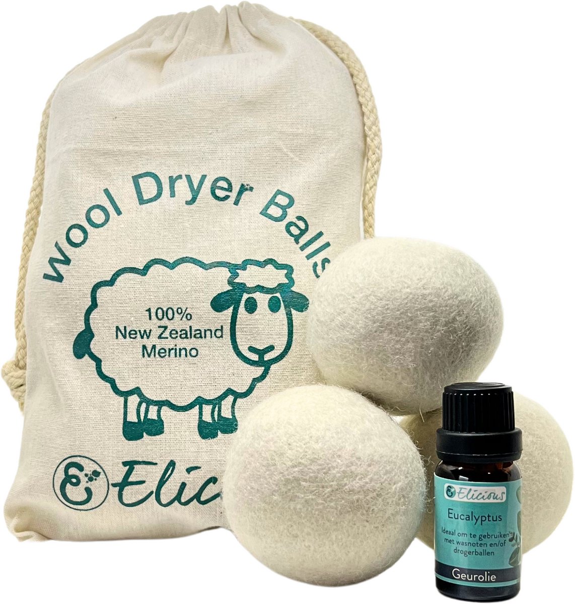 Elicious® - Drogerballen met Eucalyptus Geurolie - 6 Stuks - Merinowol - Duurzaam & Energiebesparend - Snellere Droogtijd