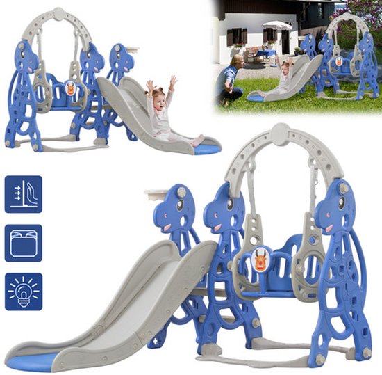 4-in-1 gebogen kinderglijbaan, vrijstaande glijbaan voor kinderen met basketbalring en schommel, kunststof glijbaan, peuterglijbaan 175x140x115cm, binnen- en buitenglijbaan met glijbaanuitgang