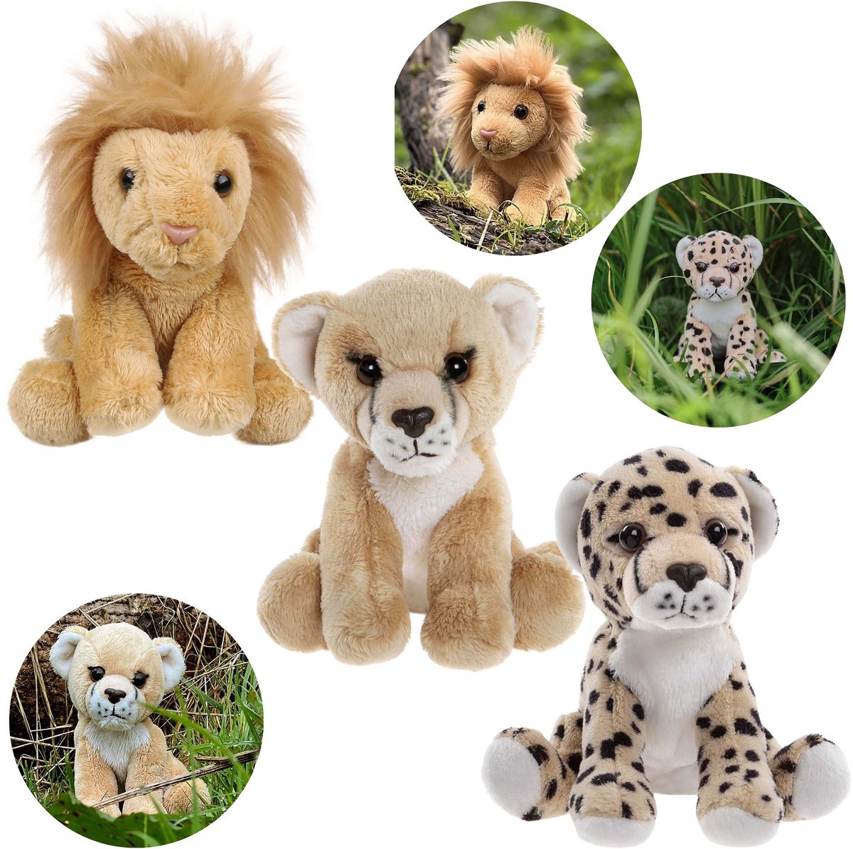 Charlie Bears Set van drie knuffels uit de Cuddle Cubs-serie: leeuw, leeuwenwelp, luipaard – Pluche ideaal voor baby’s, 13 cm