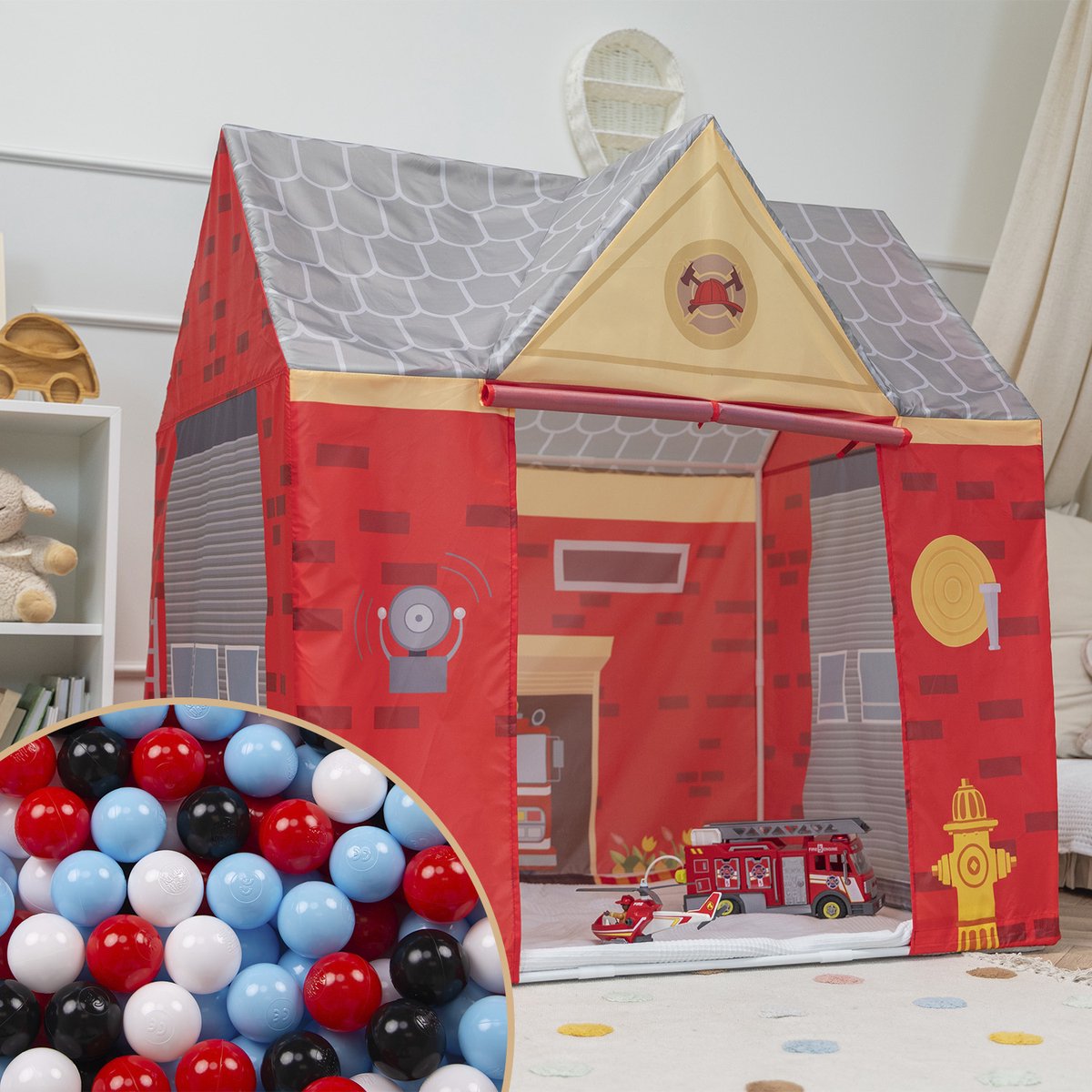 Selonis Speeltent Brandweerkazerne Met 600 Ballen Opvouwbaar Voor Kinderen Realistisch Ontwerp Duurzaam En Veilig Makkelijk Te Monteren Binnen En Buiten, Rood-Grijs:Zwart/Wit/Rood/Babyblauw