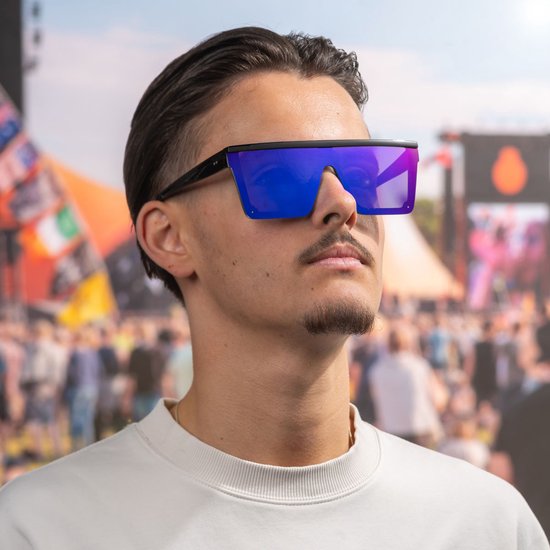 Zonnebril vierkant - Zonnebrillen - Festival bril - Rave bril - Glasses - Zwart - Blauw glas van Vincenzo Cadeaux — afbeelding 3
