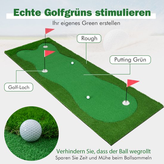 COSTWAY Golfmat met kunstgras, 300 x 100 cm, 2 ballen, 3 gaten, 3 vlaggen en putting cups, oefenmat opvouwbaar voor binnen en buiten, putting green golf, trainingsmat voor thuis van Costway — afbeelding 5