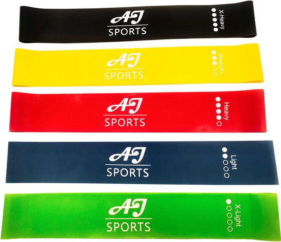 AJ-Sports Latex Weerstandsbanden - Booty band - Fitness elastiek - Fitness band - Set van 5 weerstandsbanden - Resistance band - Fitness - Inclusief draagtas