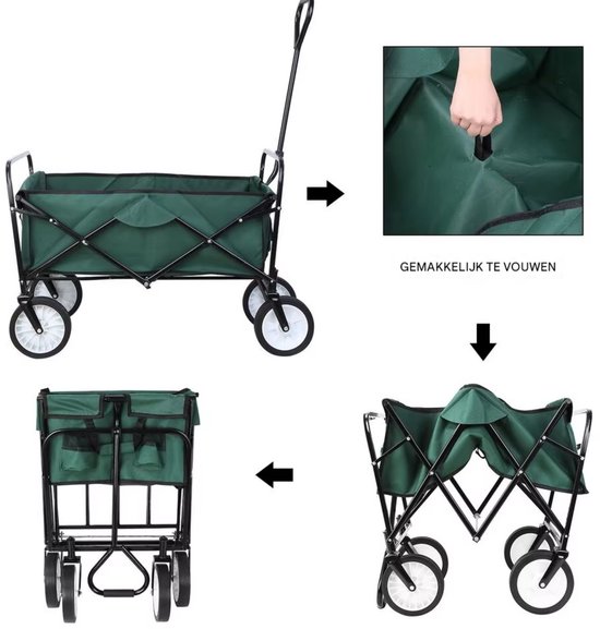 Bolderkar - Groen - Strandwagen - Opvouwbaar tuinwagen - Met duwstang - Voor buitengebruik - 115 kg capaciteit - All terrain van Merkloos — afbeelding 4