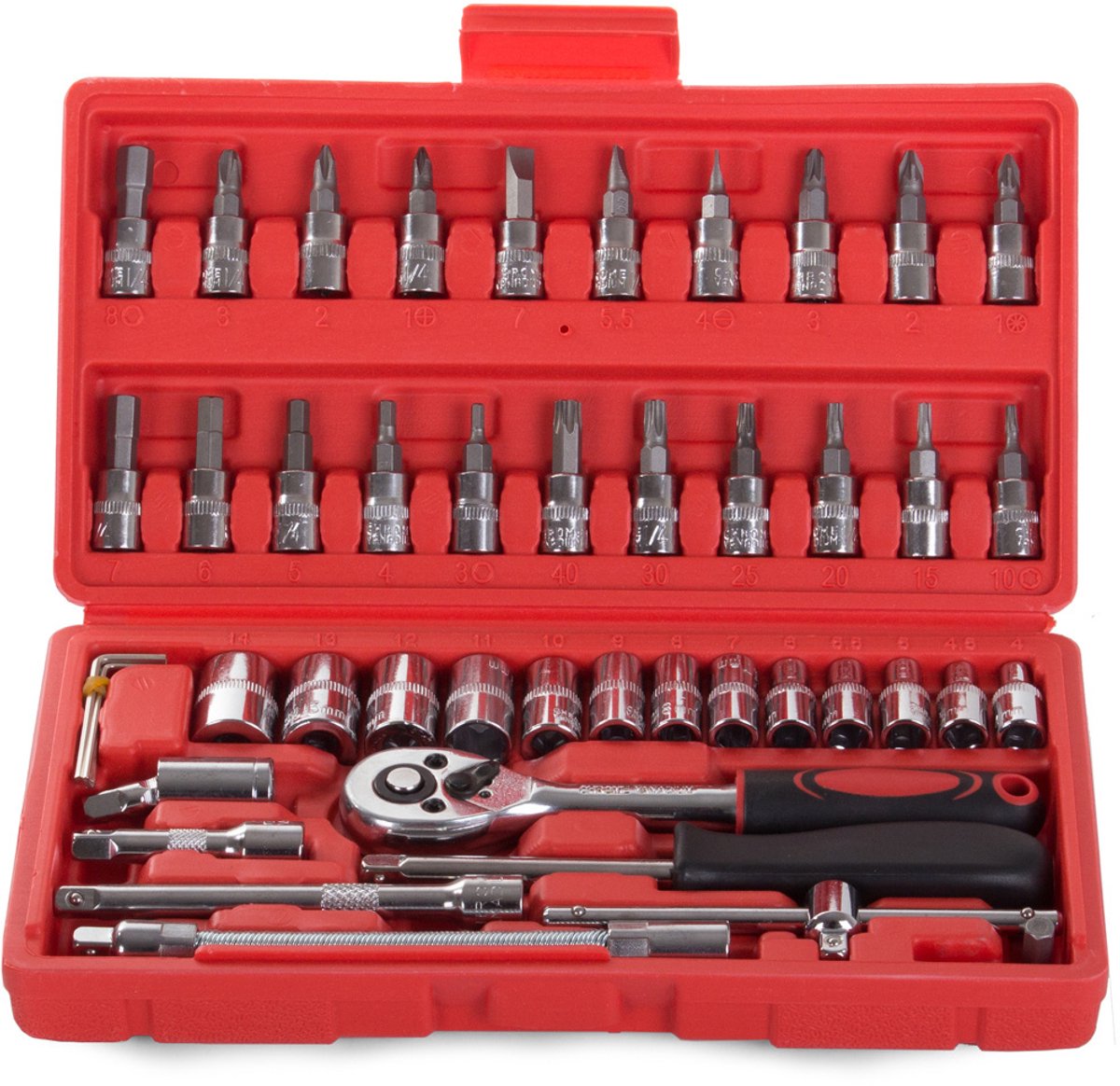 46-delige gereedschapsset - Dopsleutelset met ratel - Gereedschap auto en huis - Torx en inbus gereedschap - Chroom-vanadium gereedschap - Compacte gereedschapskoffer - Universele reparatieset - Rood