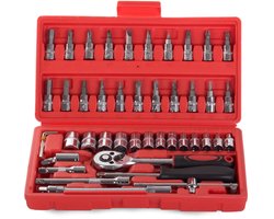 46-delige gereedschapsset - Dopsleutelset met ratel - Gereedschap auto en huis - Torx en inbus gereedschap - Chroom-vanadium gereedschap - Compacte gereedschapskoffer - Universele reparatieset - Rood