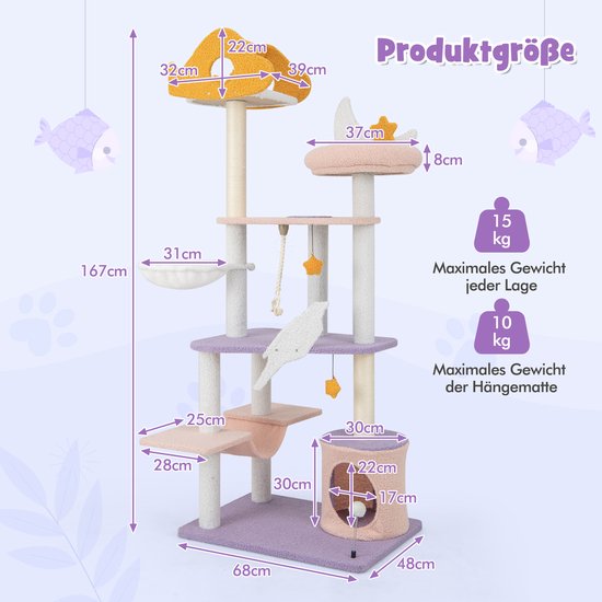 COSTWAY Krabpaal, 114 cm hoog, kattenboom met kattenmand
