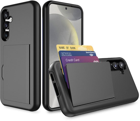 Zwarte telefoonhoes met kaarthouder, getoond met creditcards.