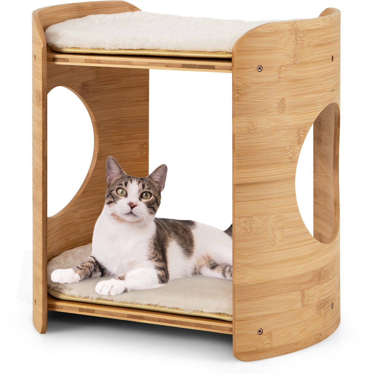 COSTWAY Kattenbed, 2 etages, bamboe, kattenslaapplaats met afneembare pluche matten en 2 kattengaten, kattenhuis met 2 bedden, kattenmeubel, katten, kattenhol, indoor, naturel + beige, 40 x 33 x 41 cm