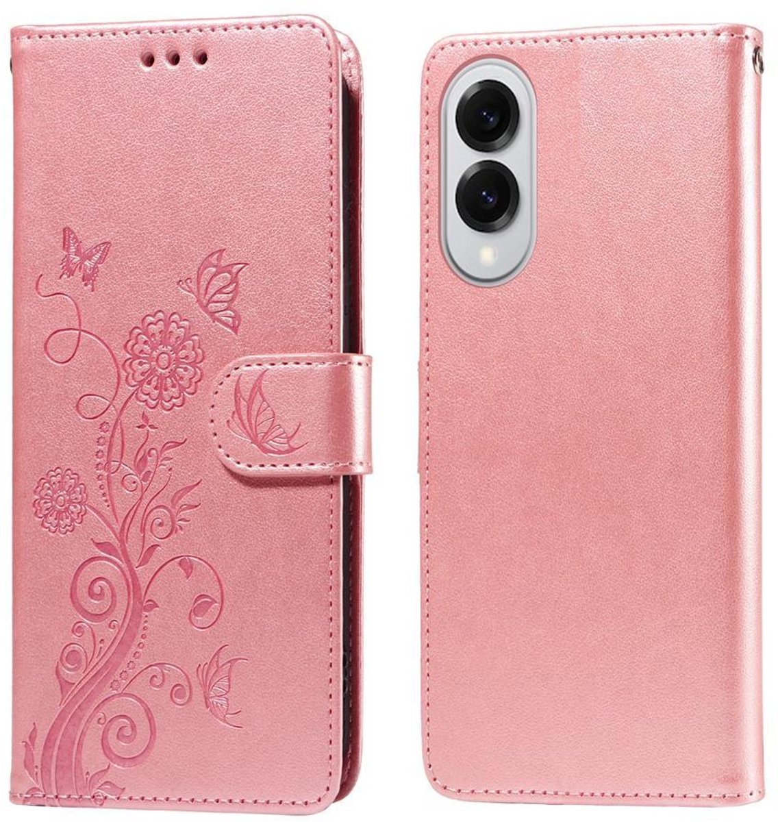 Mobigear Telefoonhoesje geschikt voor Samsung Galaxy S25 Edge Hoesje | Mobigear Flowers Bookcase Portemonnee | Pasjeshouder voor 3 Pasjes | Telefoonhoesje voor Pinpas / OV Kaart / Rijbewijs - Roségoud