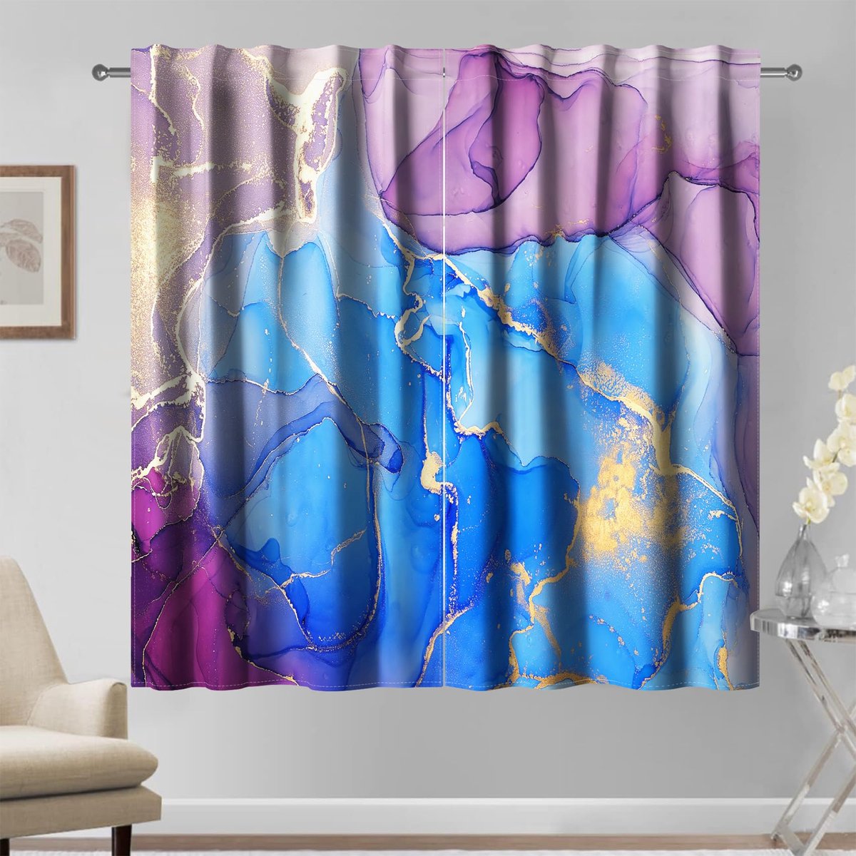 Unyqoos Moderne Luxe Lichtblokkerende Gordijnen met Marmerpatroon en Gouden Details, 132×214cm, 2 Panelen Blauw