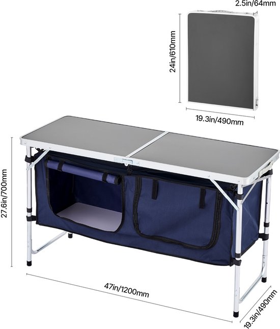 Opvouwbare Camping Keukentafel - Outdoor Kooktafel met 3 verstelbare hoogtes, lichtgewicht draagbaar aluminium kookstation met opbergvak en draaggreep — afbeelding 2