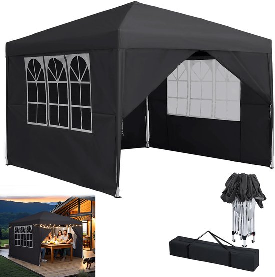 Paviljoen met 4 Zijdelen + Ramen - 3x3m - Hoogte 2,6m - Waterdicht & UV-Bescherming Antraciet