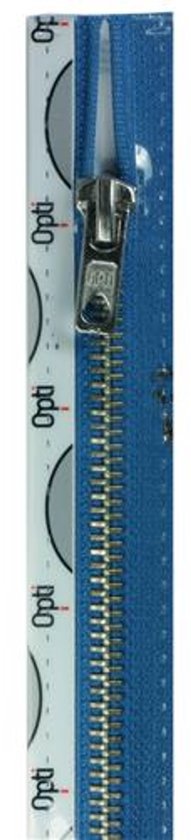 Blauwe rits met zilveren tandjes en schuiver. Witte band met 'Opti' logo.