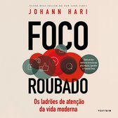 Boekomslag van Foco Roubado door Johann Hari met rode en groene cirkels met sociale media iconen op een beige achtergrond.