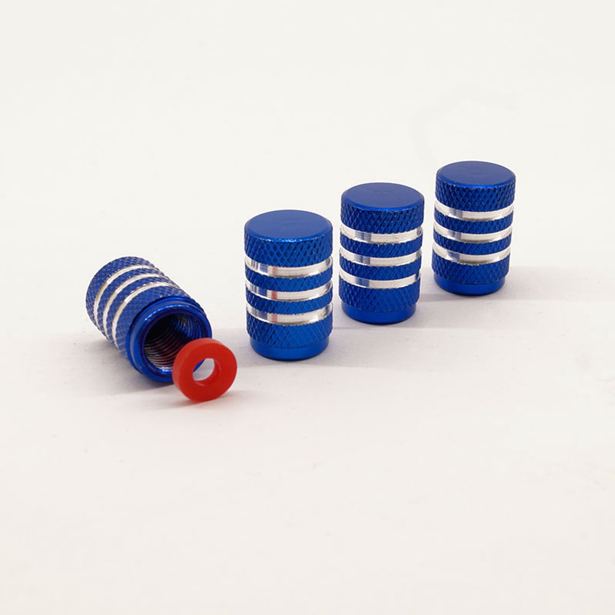 Schrader (auto) ventiel - Blauw aluminium gestreept met afdichting
