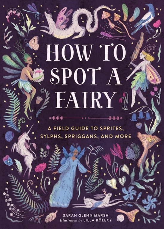 Boekomslag met de titel 'HOW TO SPOT A FAIRY', omringd door feeën, eenhoorn, draak en natuurlijke elementen.