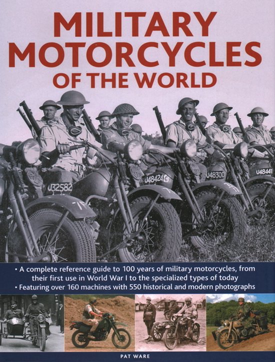 Boekomslag van "MILITARY MOTORCYCLES OF THE WORLD" met soldaten op motoren.