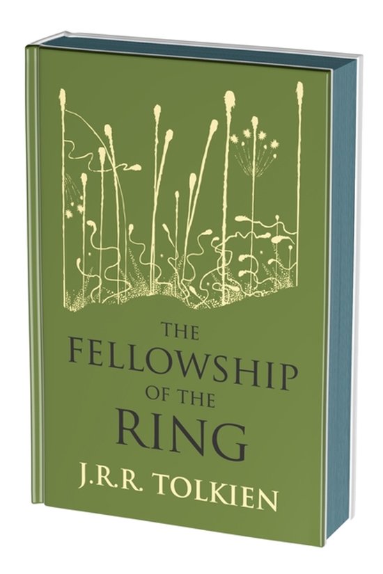 Couverture verte avec un motif doré de plantes et le titre 'The Fellowship of the Ring' par J.R.R. Tolkien.