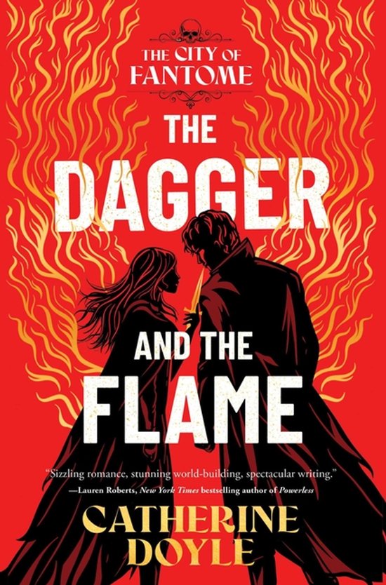 Boekomslag van "The Dagger and the Flame" met twee silhouetten van een vrouw en een man tegen een rode achtergrond met vlammen. Titel en auteursnaam in witte en gele letters.