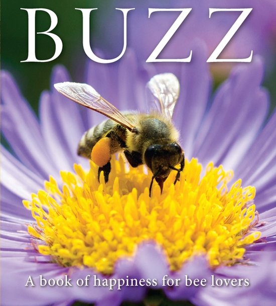 BUZZ: Een boek vol geluk voor bijenliefhebbers, met een bij op een paarse aster.