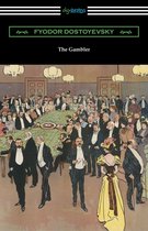 Boekomslag van 'The Gambler' van Fjodor Dostojevski, met een illustratie van een drukke casinozaal met roulettespeler.
