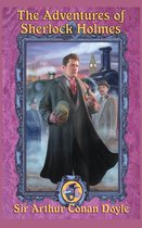 Boekomslag van "The Adventures of Sherlock Holmes" met een man in een lange jas die een pijp vasthoudt, een trein op de achtergrond en de tekst "Sir Arthur Conan Doyle".