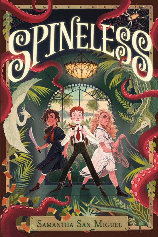 Boekomslag met drie kinderen, omringd door tentakels, varens en een krokodil. Titel 'Spineless'.