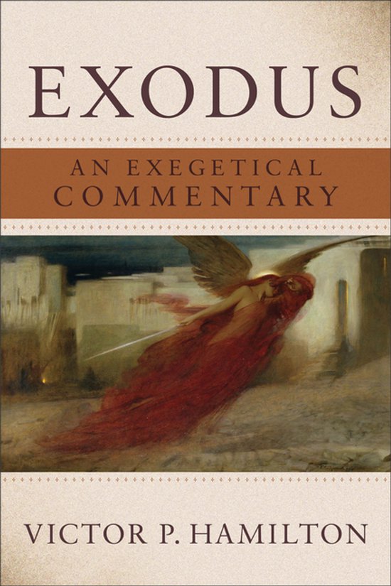 Boekomslag van Exodus: Een exegetisch commentaar, met een gevleugeld figuur in rood gewaad.