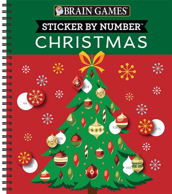Livre d'autocollants sapin de Noël avec boules et flocons de neige. Le titre est 'Brain Games Sticker by Number Christmas'.