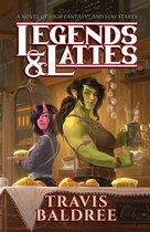 Boekomslag van "Legends & Lattes", met een groene ork die koffie inschenkt, bijgestaan door een paarse demon met hoorns. Omslag met "A Novel of High Fantasy and Low Stakes" en "Travis Baldree".