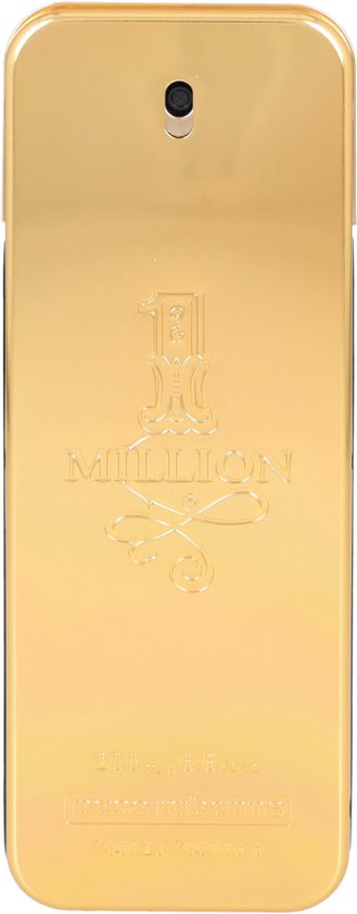 Gouden parfumflesje met reliëf '1 Million' logo en productinformatie.