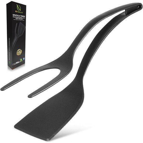 HI NATURE™ Multifunctionele Spatel Tang 2 in 1 - Keukengereedschap - Keukenspatel - Spateltang - Bakspaan - Keukengerei | 100% BPA-vrij, Hittebestendig & Anti-aanbak - Perfect voor het Draaien van Eieren, Pannenkoeken en Vlees (zwart)