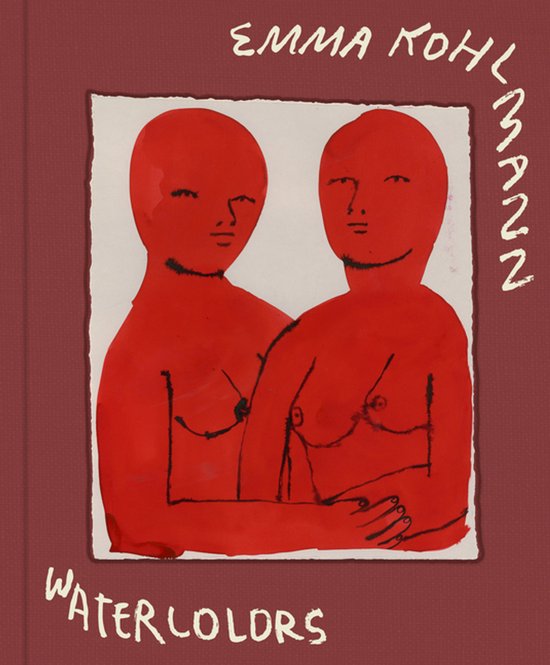 Boek 'Emma Kohlmann Watercolors' met rode aquarel van twee figuren.
