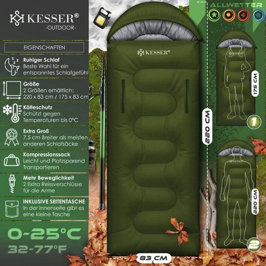 KESSER® Outdoor Slaapzak | Dekenslaapzak 3-4 seizoenen | Kampeerslaapzak voor volwassenen en kinderen — afbeelding 4