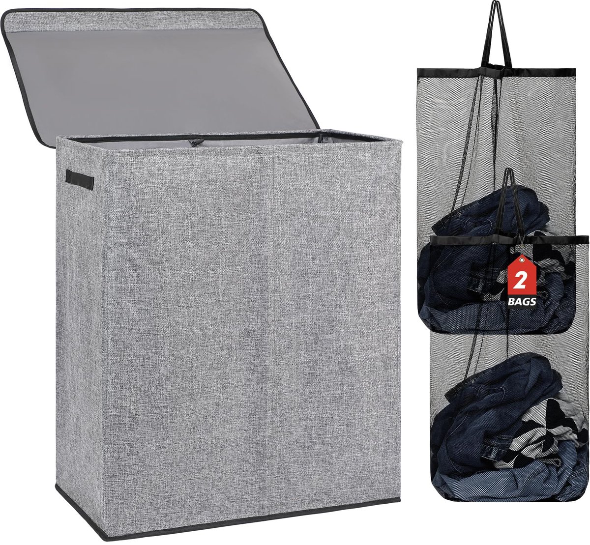 DOKEHOM 150L dubbele wasmand met deksel en afneembare waszakken, grote opvouwbare wasmand met 2 vakken voor slaapkamer, badkamer, wasruimte, universiteit (grijs)