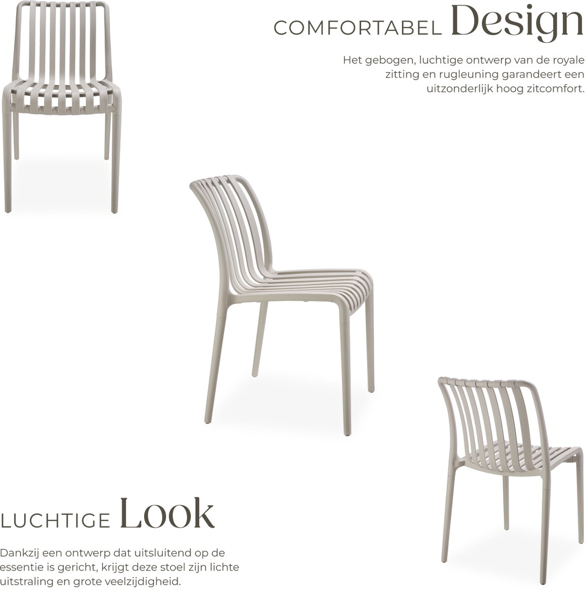 tectake® Set van 4 Tuinstoelen Alcudia - Taupe - Kunststof Stoelen- Stapelbaar - Stoelen voor Tuin, Terras of Balkon - Weerbestendig en UV-bestendig - Draagkracht 120kg per Tuinstoel – foto 8