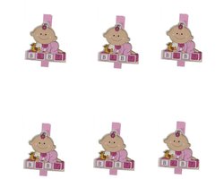 Mini houten knijpers baby roze - Geboorte Babyshower foto kaart knijpers - 6 stuks