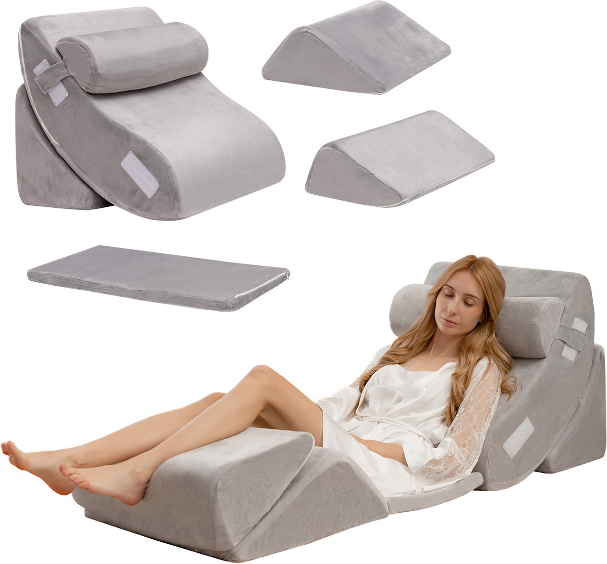 COSTWAY 6-delige orthopedische kussenset, traagschuimwigkussen met afneembare hoofdsteun, comfortabel en verstelbaar leeskussen, bedwigkussen, rugsteunkussen voor slapen en lezen