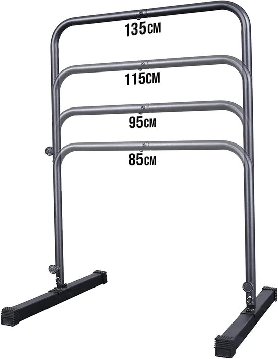 Zwart rek met stangen van 135cm, 115cm, 95cm en 85cm.
