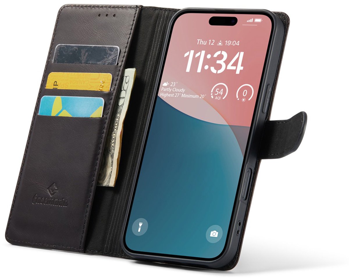 CaseMania Bookcase hoesje geschikt voor iPhone 16 - Effen Zwart - Echt Leer