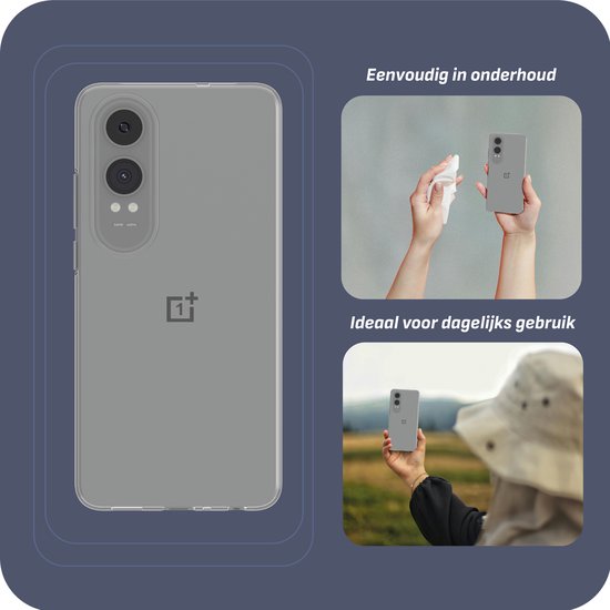 Transparant hoesje om een OnePlus Nord CE4 Lite, met illustraties die laten zien hoe makkelijk het schoon te maken is.