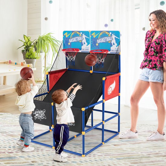 COSTWAY 8-in-1 Basketbalautomaat, Elektrische Basketbalstandaard Inklapbaar Schietmachine Met 4 Ballen Luchtpomp En 8 Speelmodi Arcade Basketbalwedstrijden Voor Kinderen Voor 2 Spelers