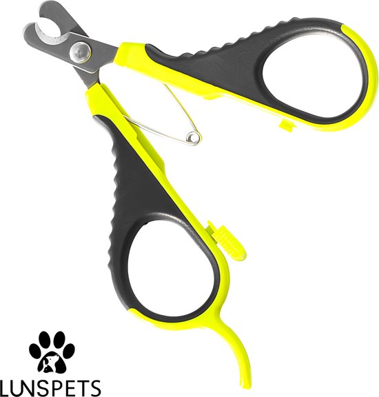 Huisdier nagelknipper met zwarte en felgele handvatten en metalen schaarblad, met veiligheidspin.