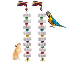 Pak van 2 grote vogelkauwspeeltjes, vogelkauwspeelgoed, vogelsnavelslijpsteen, papegaaivogeltandenslijpsteen hangend kauwspeelgoed, geschikt voor parkieten, valkparkieten, hamsters