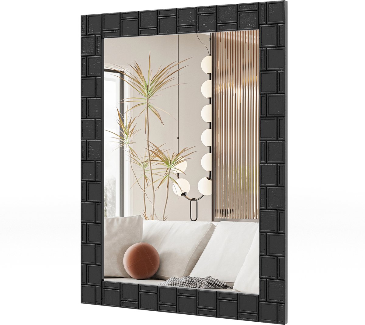 Costway 80 x 60 cm wandspiegel van rubberhout met massief houten frame, badkamerspiegel verticale en horizontale ophanging, rechthoekige make-upspiegel voor woonkamer, badkamer, entrée zwart