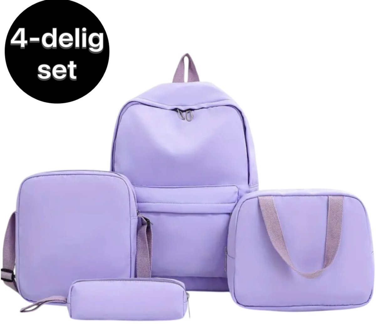 Twenty Two 4-delig schooltassen set | Schoolrugzak, etui, lunchtas, crossbodytas voor meisjes/tieners | paars/lila | effen kleur | casual | waterdicht | grote capaciteit | 4 stuks | brugklas | schooltassen set 28x12x35cm